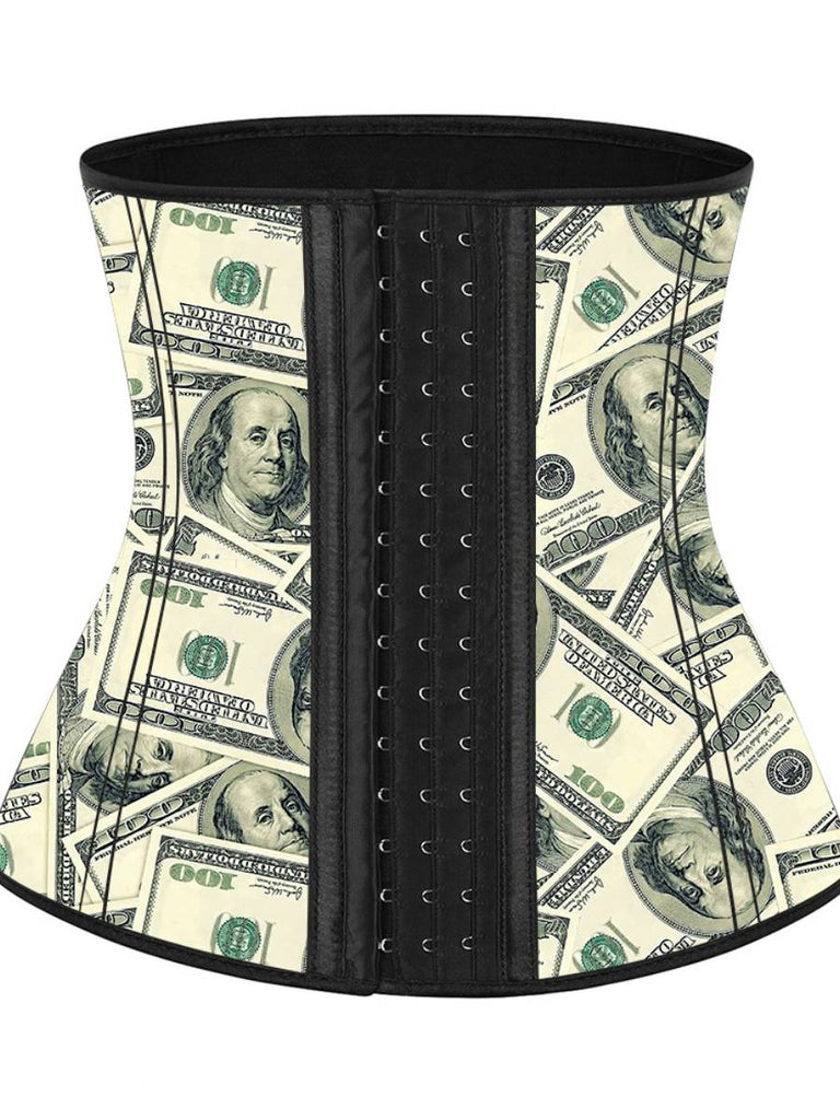 Money Print Latex Waist Cincher With Hooks Curve Creator