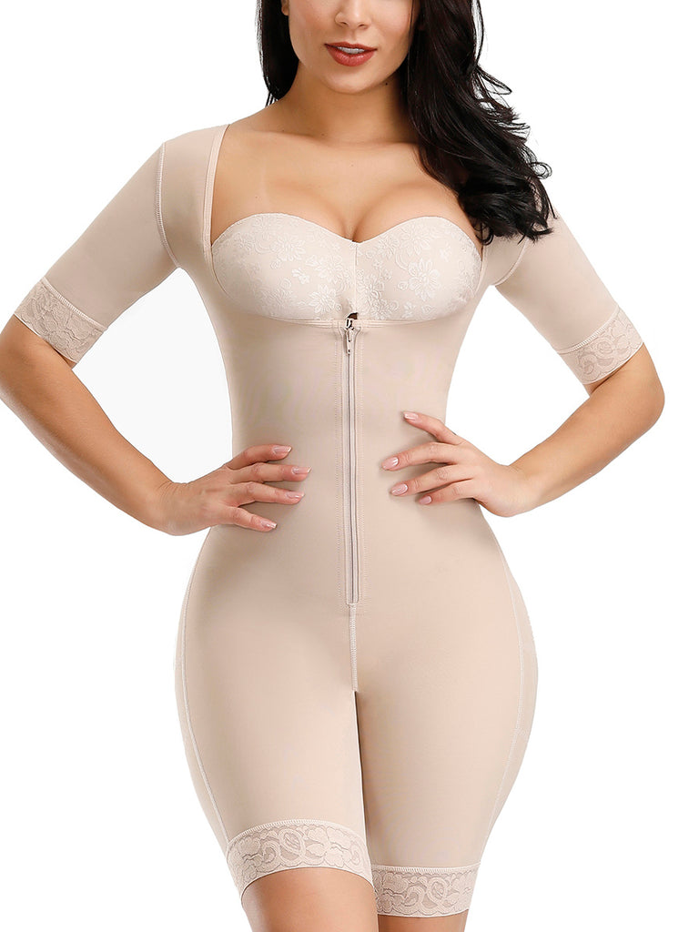Elastic Lace Full Body Shaper Zipper Open Crotch