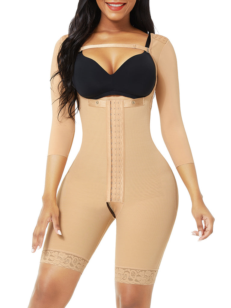 Lace Trim Hourglass Body Shaper With Sleeves Curve Shaper