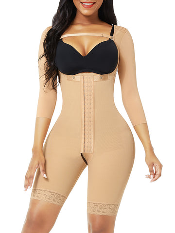 Lace Trim Hourglass Body Shaper With Sleeves Curve Shaper