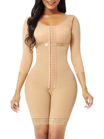 Lace Trim Hourglass Body Shaper With Sleeves Curve Shaper