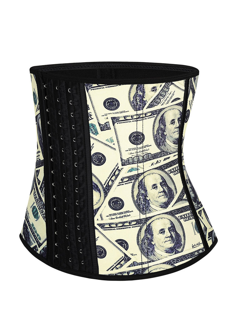 Money Print Latex Waist Cincher With Hooks Curve Creator