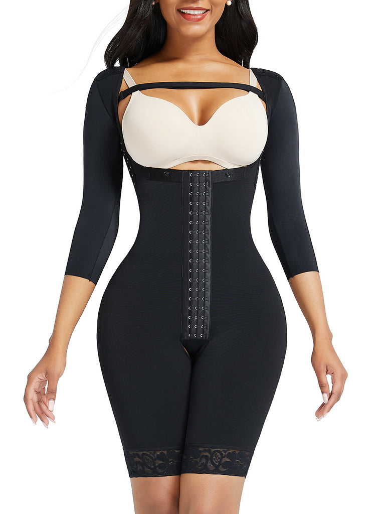 Lace Trim Hourglass Body Shaper With Sleeves Curve Shaper